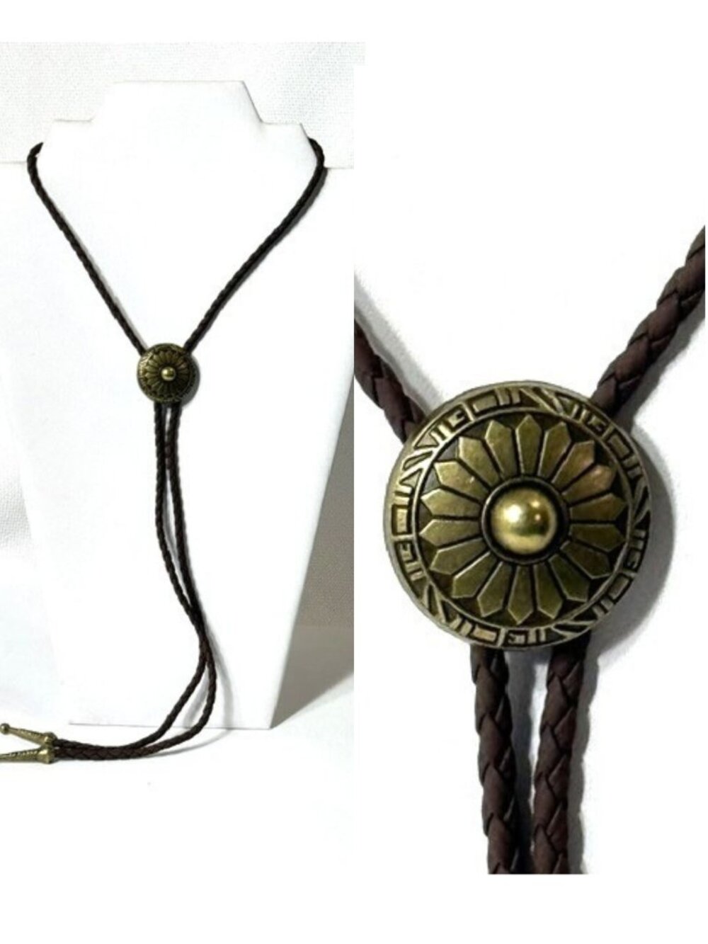 Gold-tone, brown cord western cowboy bolo tie.